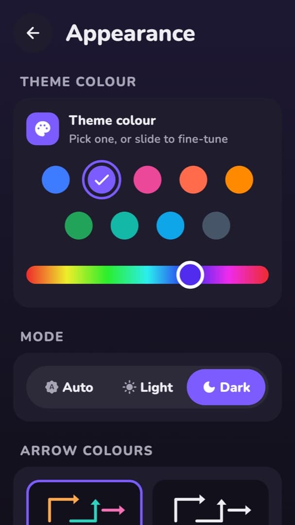 The appearance settings in a dark violet theme